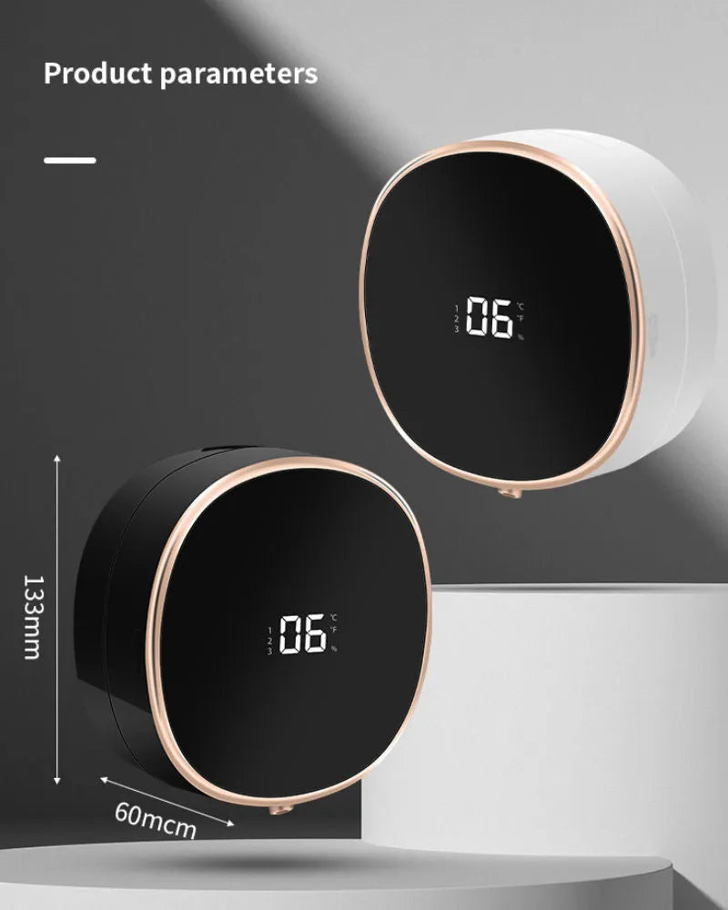 Automatic soap dispenser with infrared sensor showing black or white ABS+PC plastic housing