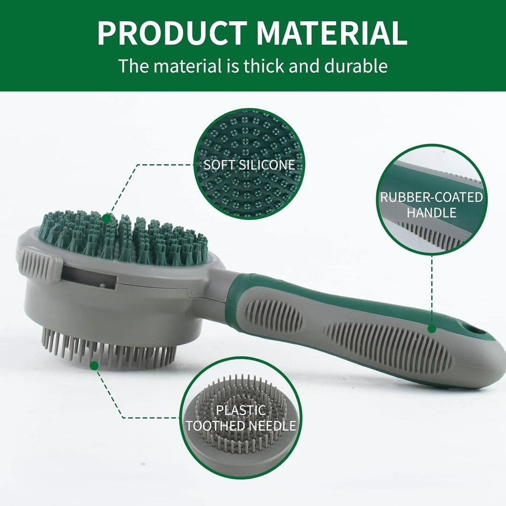 Green and pink dual-sided pet brush showing retractable slicker brush and silicone massager on a white background