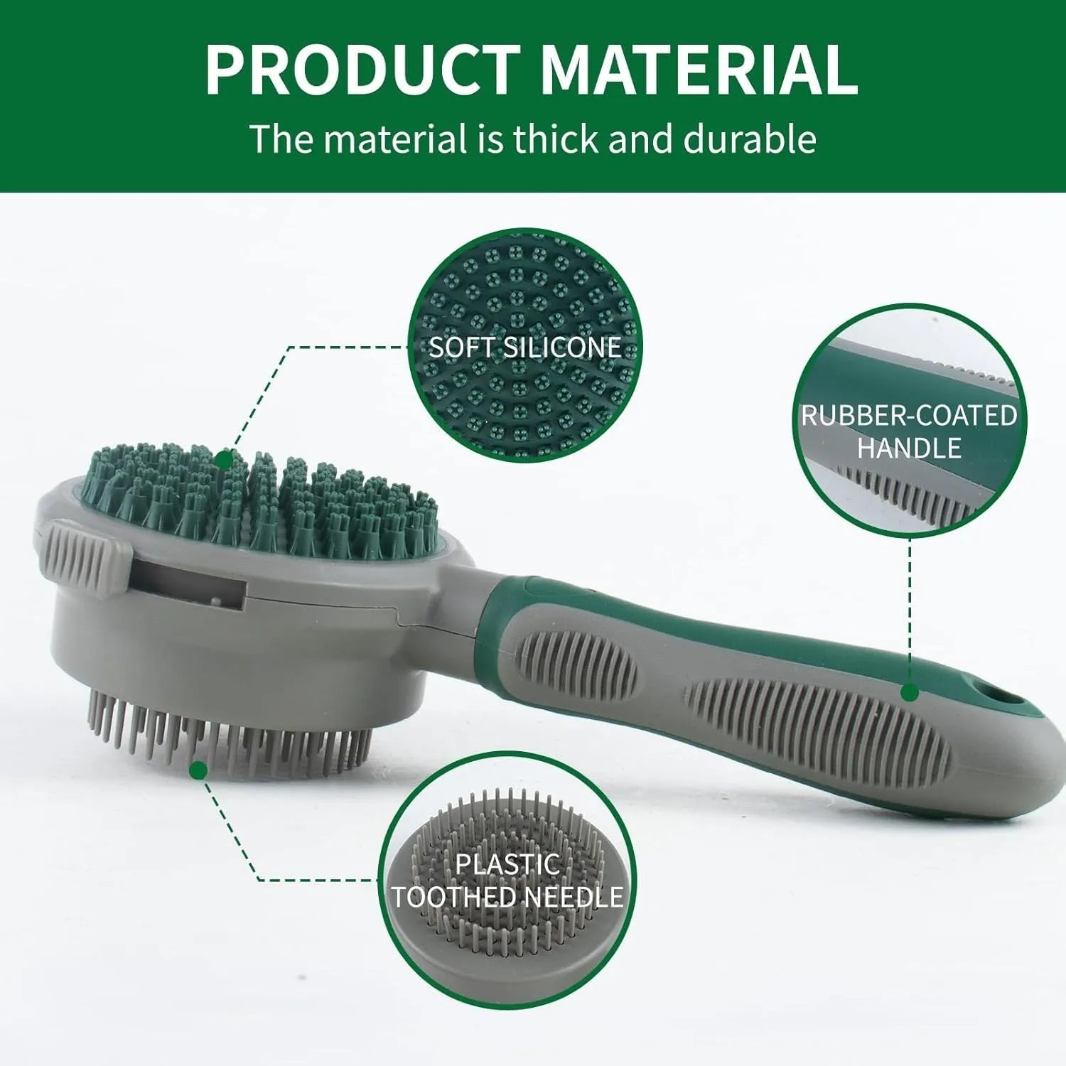 Green and pink dual-sided pet brush showing retractable slicker brush and silicone massager on a white background