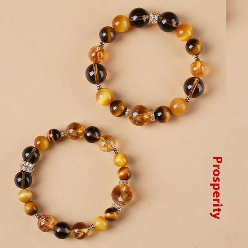 Crystal tiger-eye bracelet with jinba yellow tower design in geometric shape