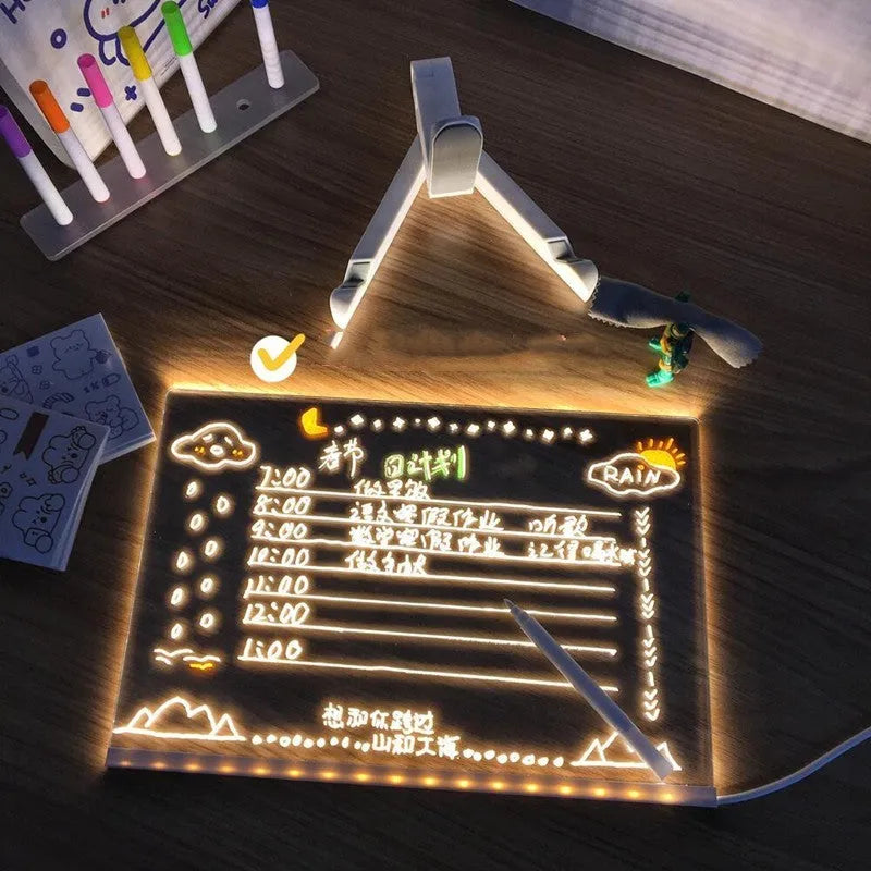 Acrylic DIY message board LED night light with pens on transparent writing panel