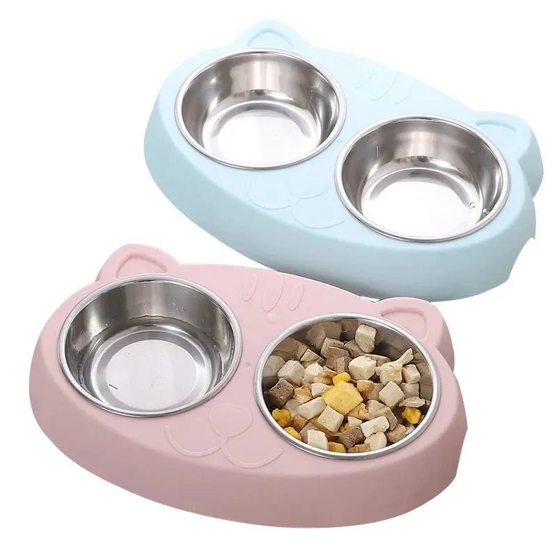 Plastic pet double bowl feeding tray in blue, green, or pink colours measuring 26.5cm long
