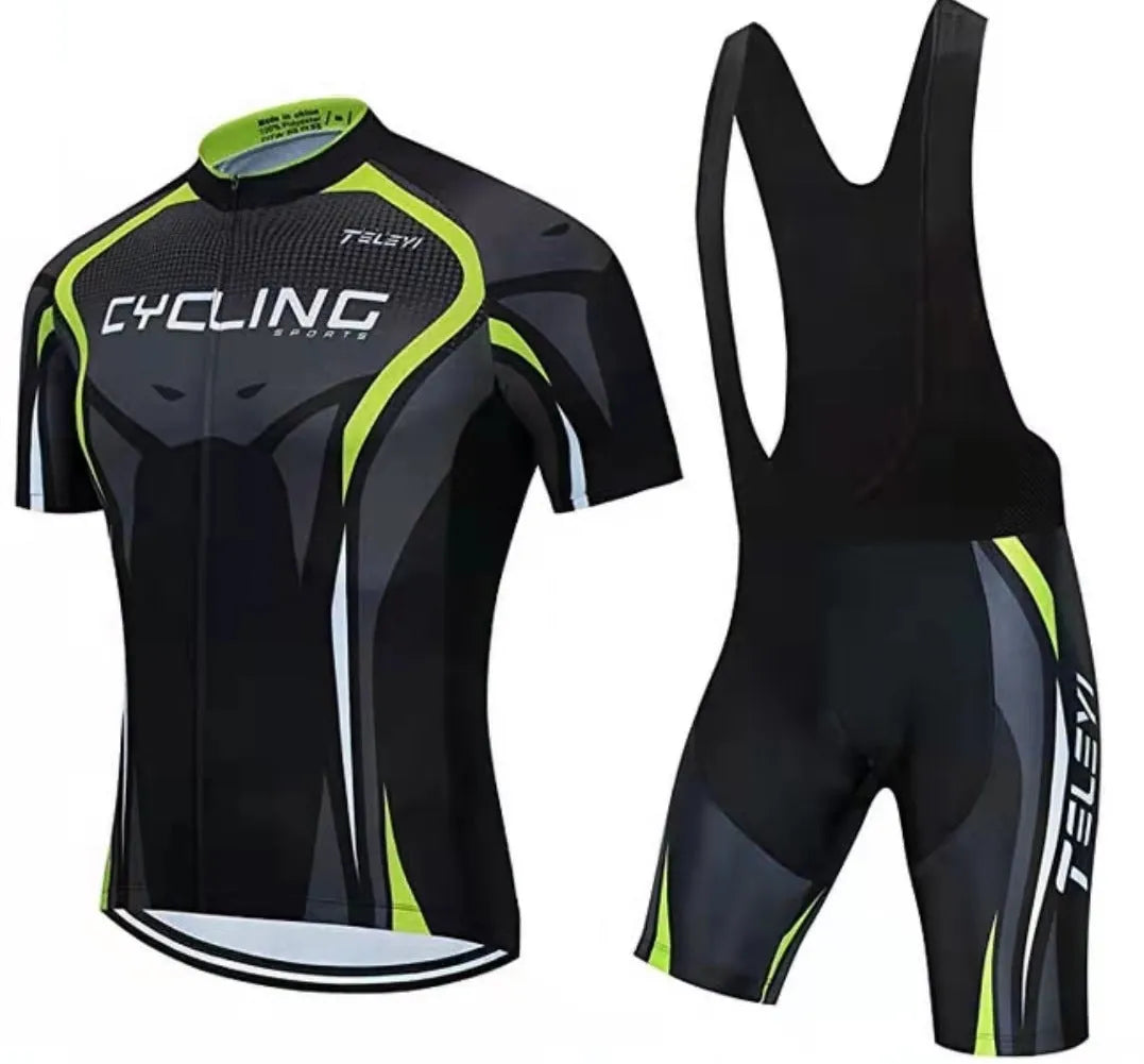 A man and woman wearing a matching blue cycling jersey and shorts set for summer road biking.