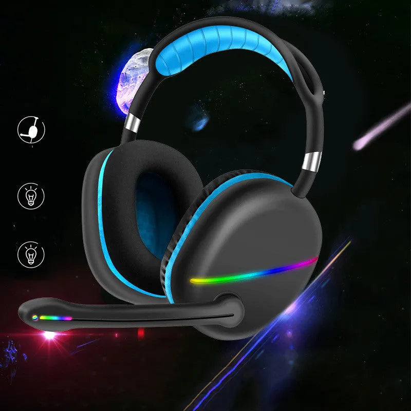 Wireless Bluetooth headset with RGB lighting in blue colour showing ear cup details