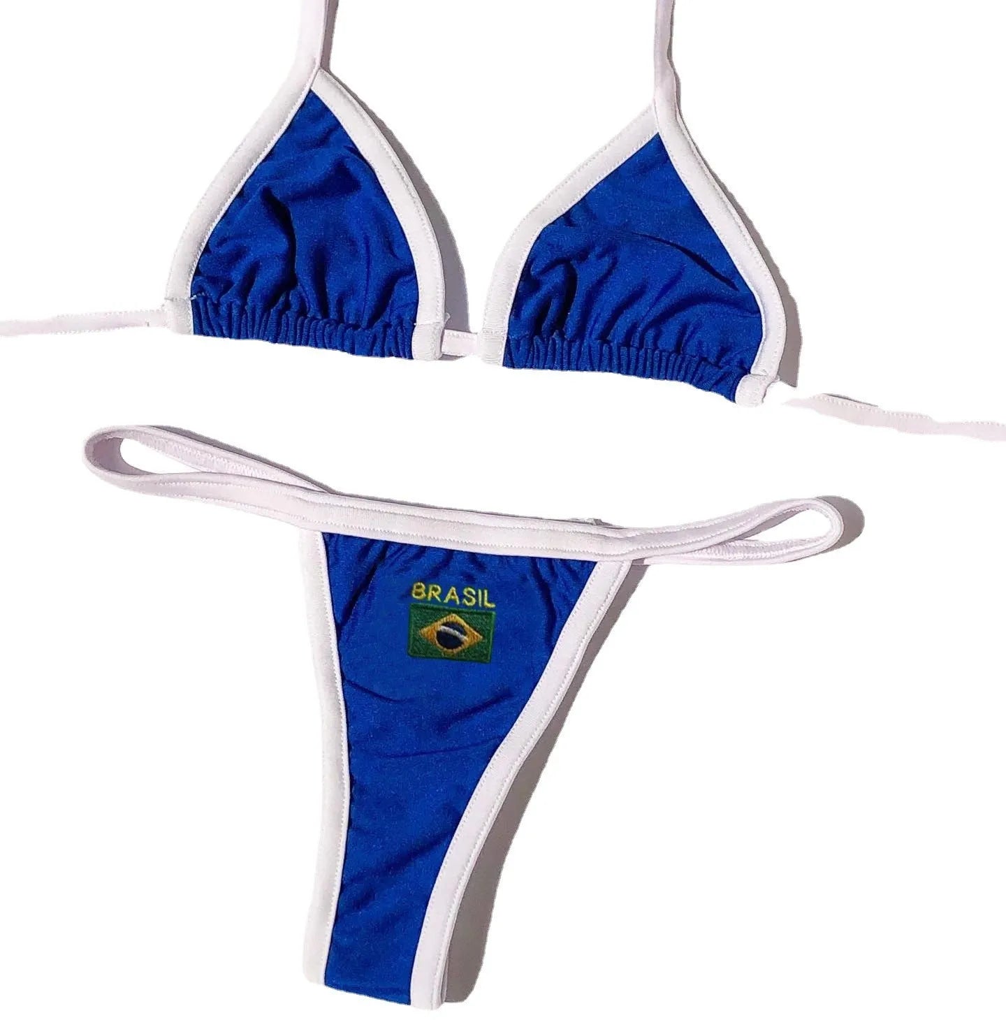 Women's T-back bikini set in blue, featuring sleeveless bra and shorts-style panties