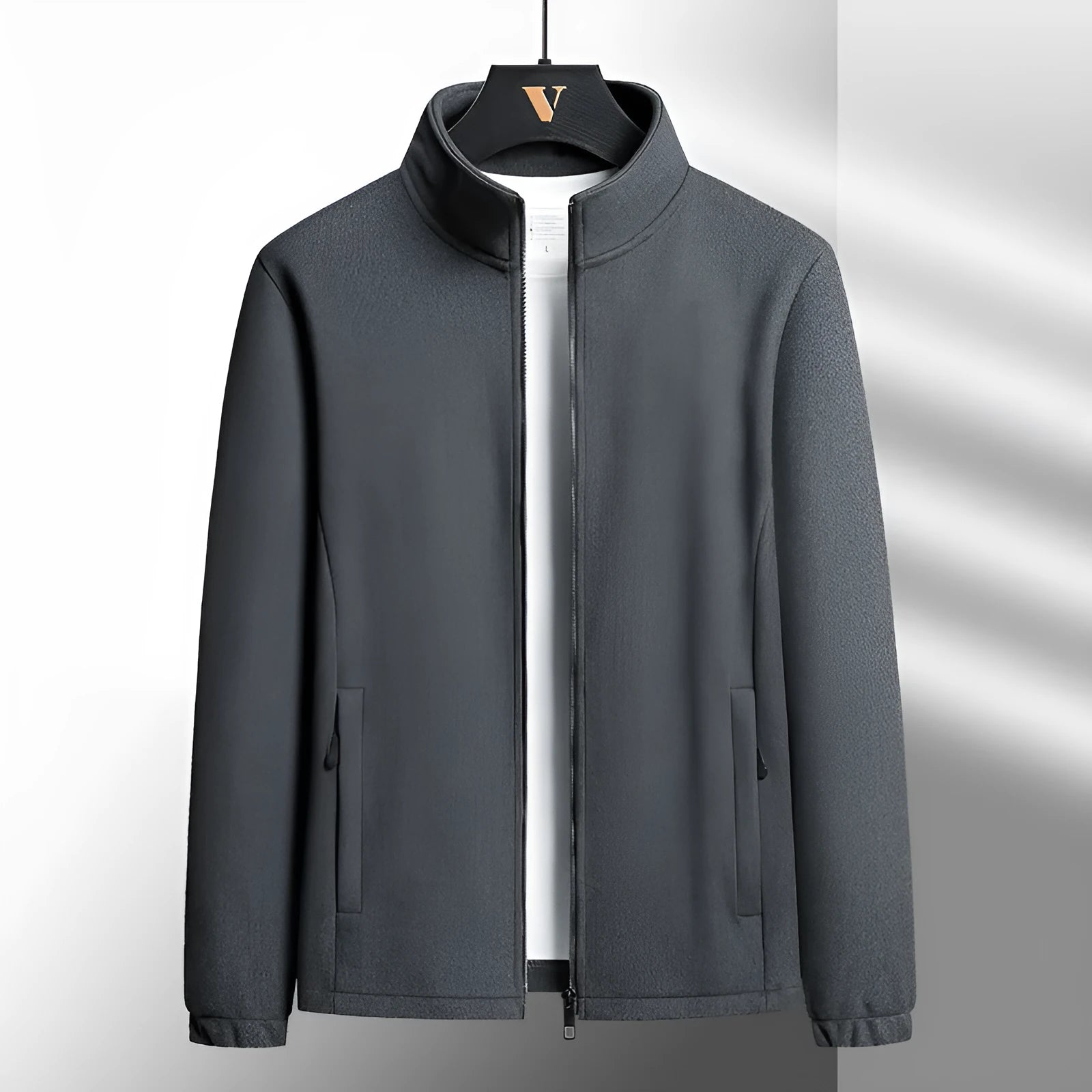 Men's thick grey Berber fleece coat with stand-up collar, full zip front, and zip pockets.