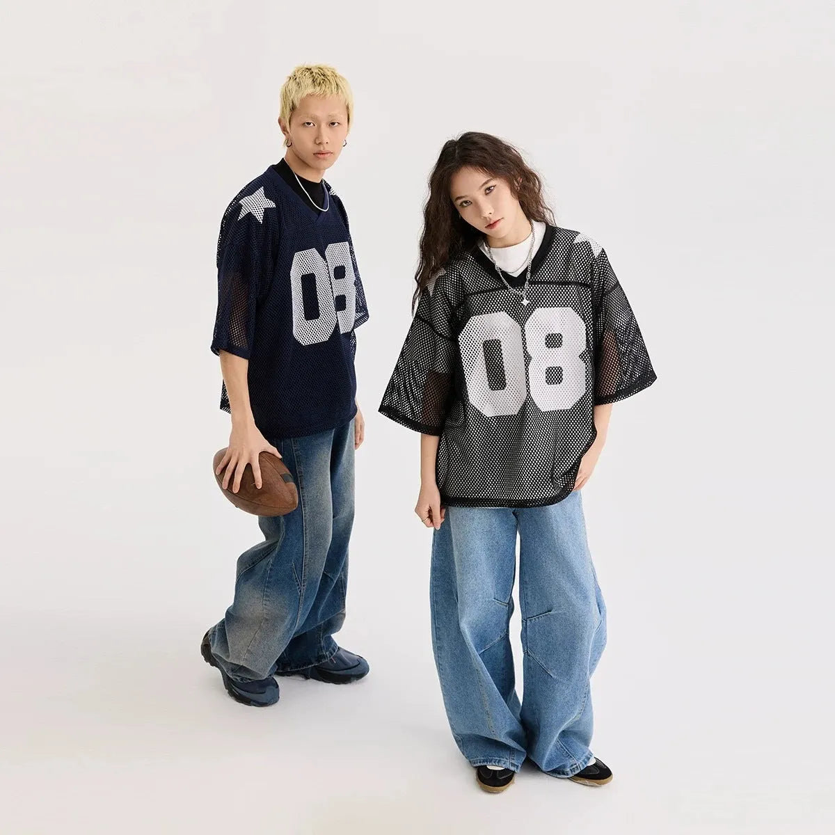 Black and navy blue half sleeve pullover shirt with letter pattern in loose fit