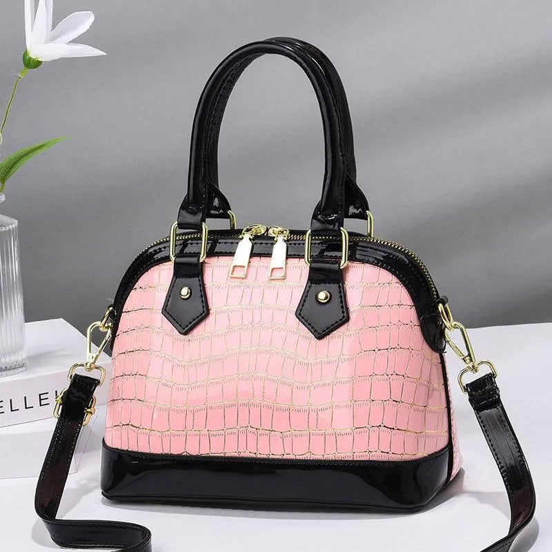 Women's PU crossbody bag shell shape patent leather finish metal detail solid colour daily handbag