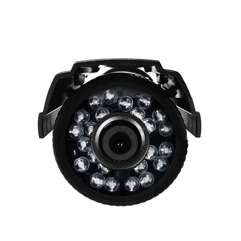 A black, waterproof 720P HD security camera with a fixed lens and infrared LEDs for night vision.