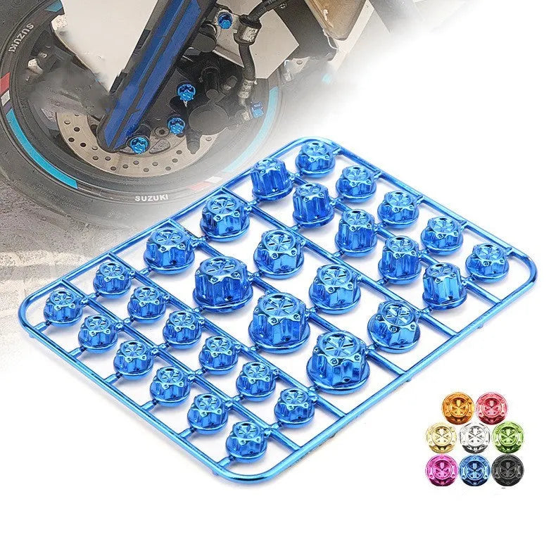 Motorcycle engine screw cover set with 30 ABS plastic caps in eight colour options