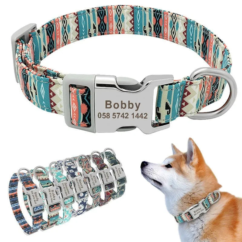 Striped canvas dog collar with adjustable semi-metal buckle in bohemian blue colour