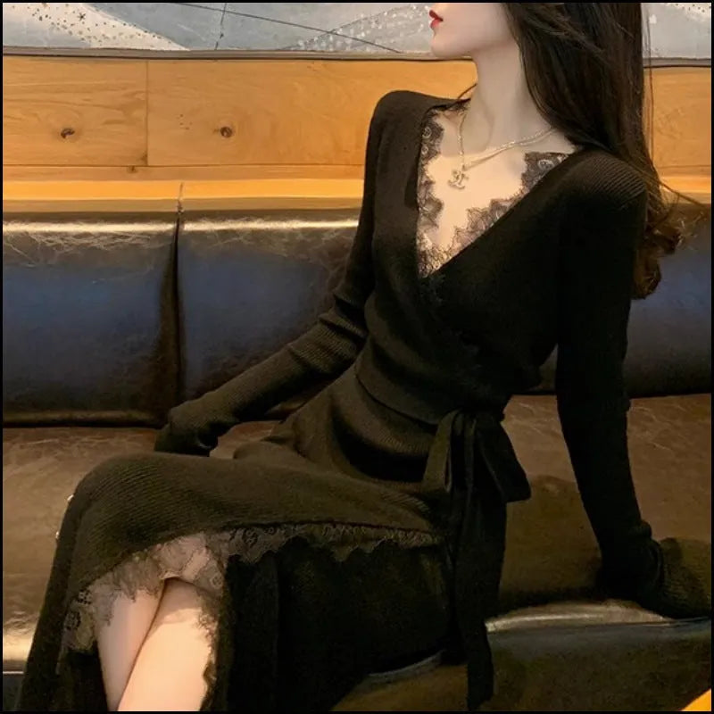 Black women's slim-fit woolen skirt in a princess dress style on a hanger.