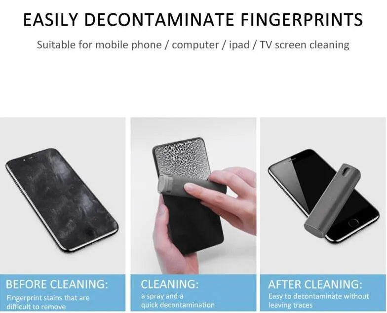 2-in-1 screen cleaner kit with spray bottle and microfiber cloth in pink and grey for phone and computer screens