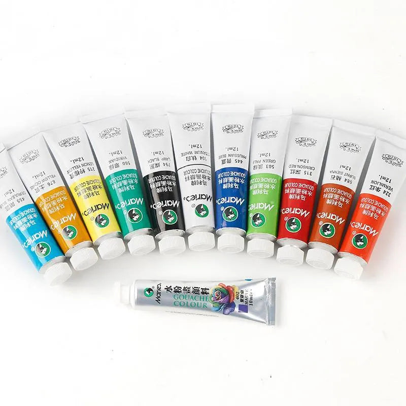 Boxed set of gouache paint tubes in 12, 18, or 24 colours with 5ml or 12ml tube sizes.