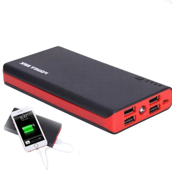 20000mAh portable power bank in multiple colours with compact dimensions for phone and tablet charging.