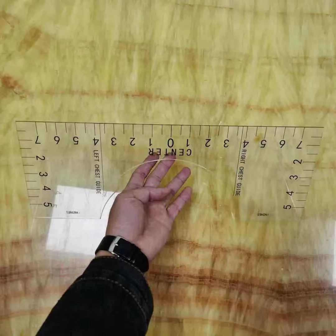 Transparent acrylic sewing patch ruler for T-shirt alignment measuring 10x6 inches