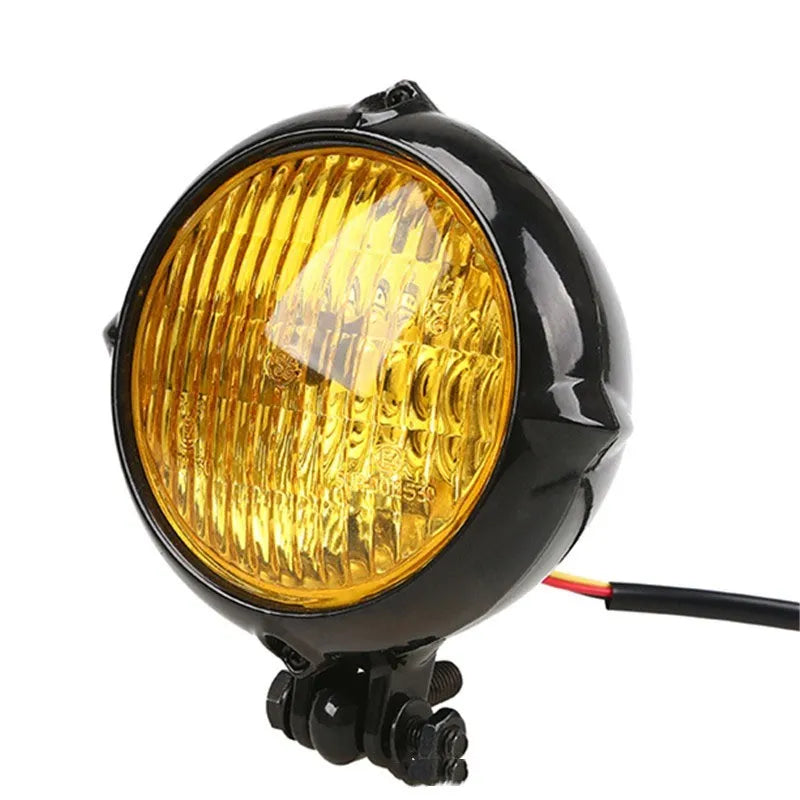 Black retro halogen headlight with 8cm diameter aluminium housing for motorcycle or car.