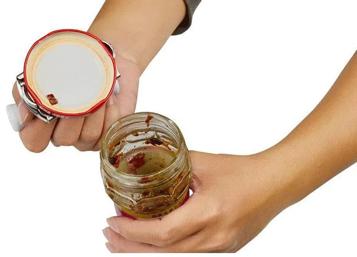 White adjustable stainless steel bottle opener with PP handle showing gear mechanism