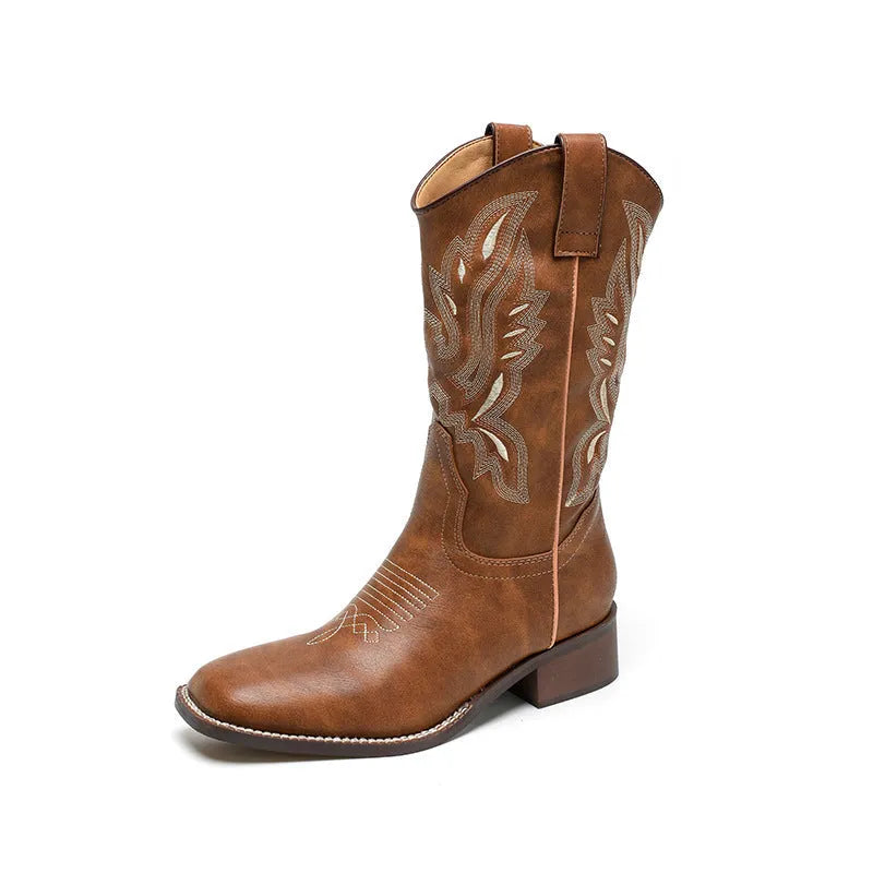 Brown women's embroidered Martin boots with leather lining and round toe