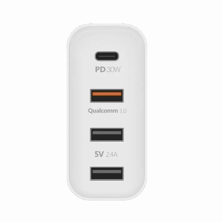 Black or white 48W PD charger with four USB Type-C ports and a power indication light.