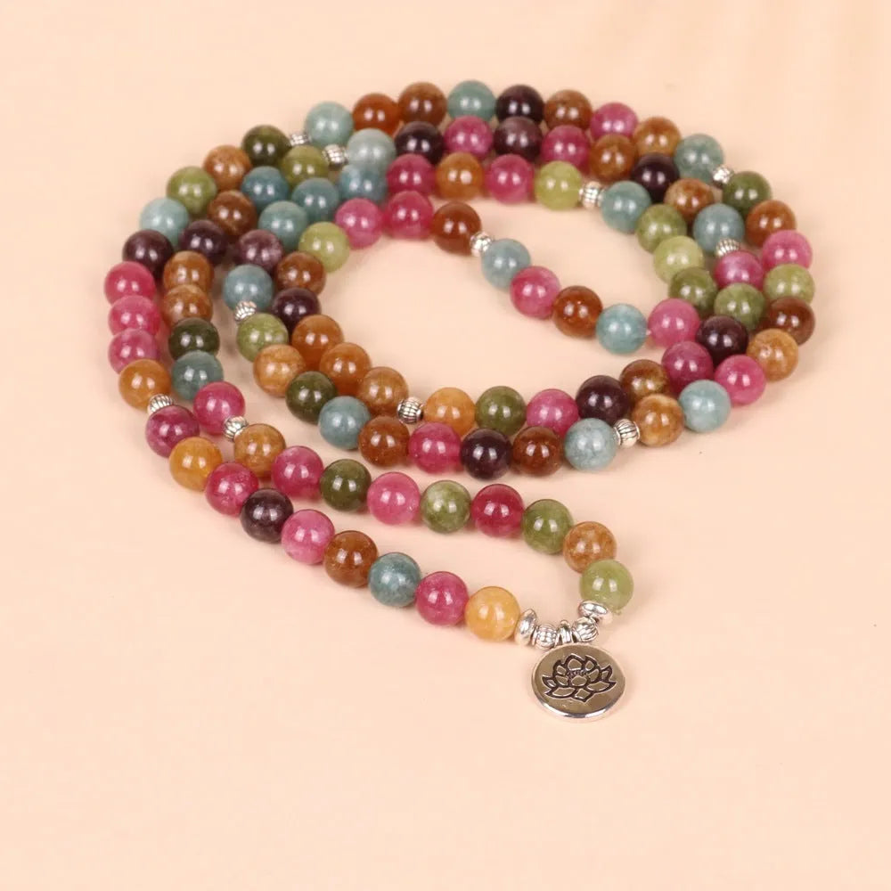 Lotus multi-layer bracelet with 108 alloy beads in tourmaline colour on adjustable string