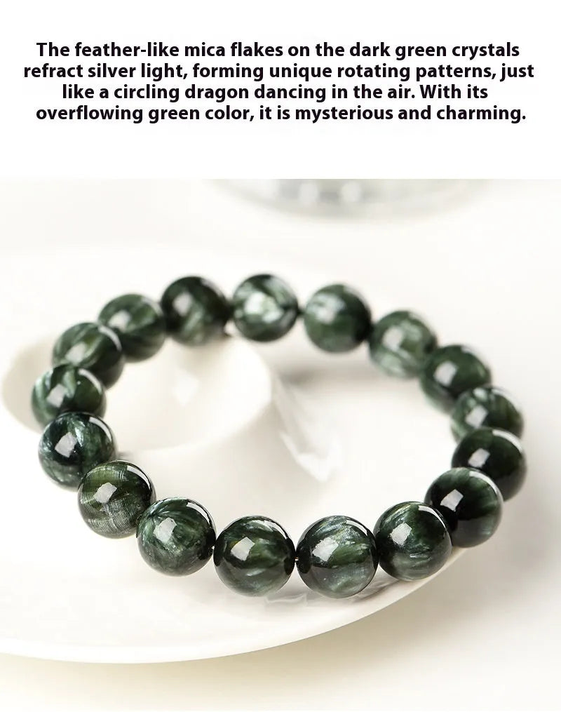 Green Dragon Crystal bracelet with round beads featuring Ruyi design elements.