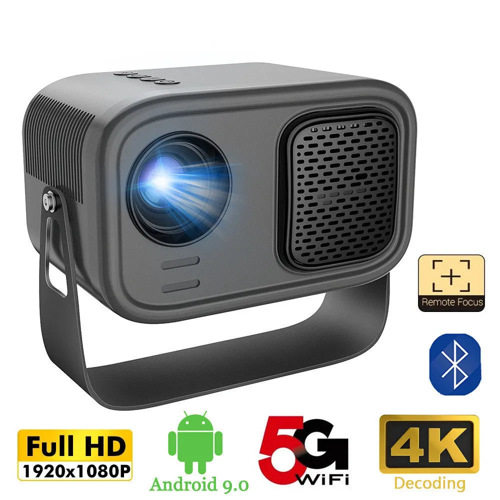 Black portable HD projector with Android OS showing 1280x720 resolution display