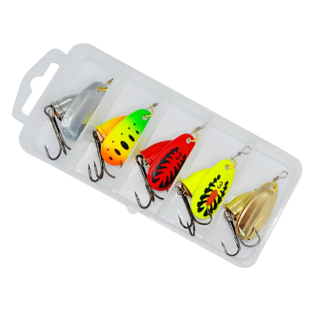 R Composite Rotating Sequins Copper Bell metal fishing lure in multiple colour options on a blue background.
