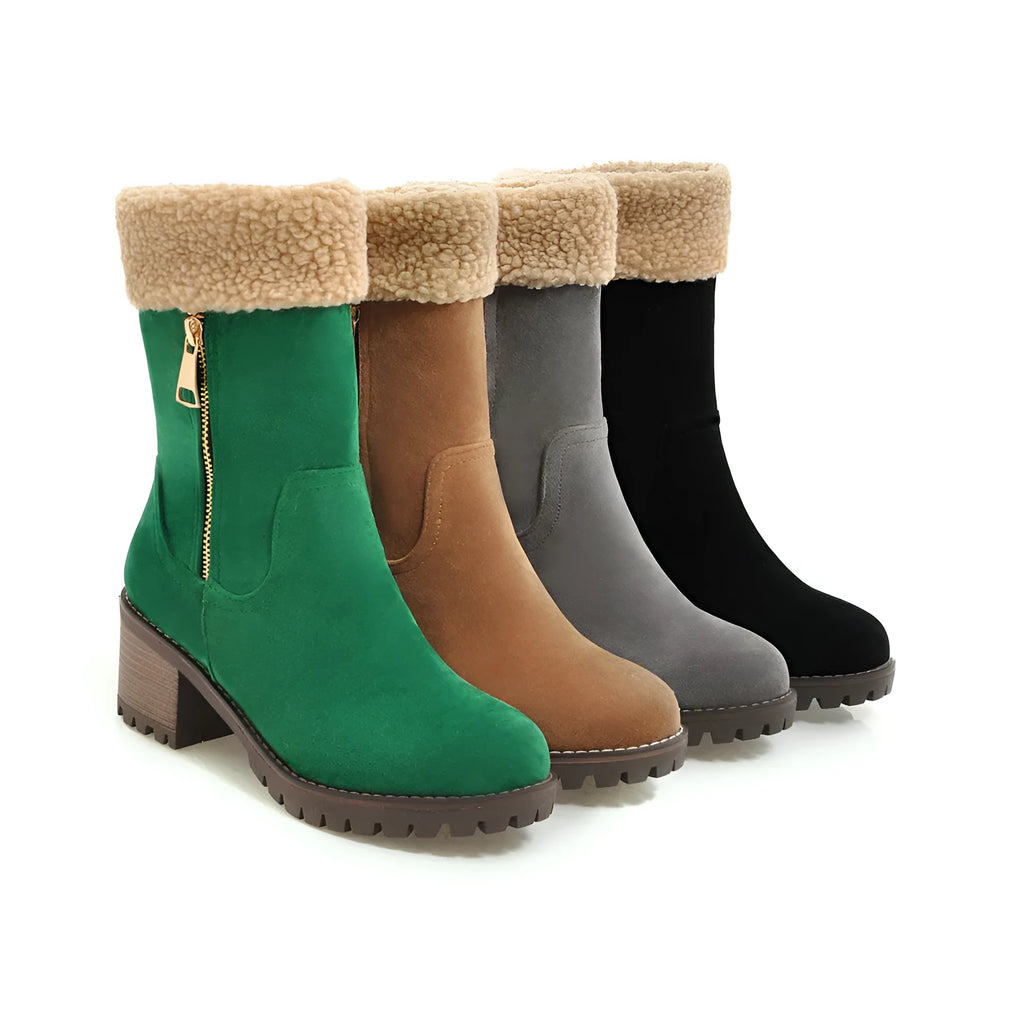Snow boots with a rubber sole and plush lining, shown in black, grey, green, and orange.