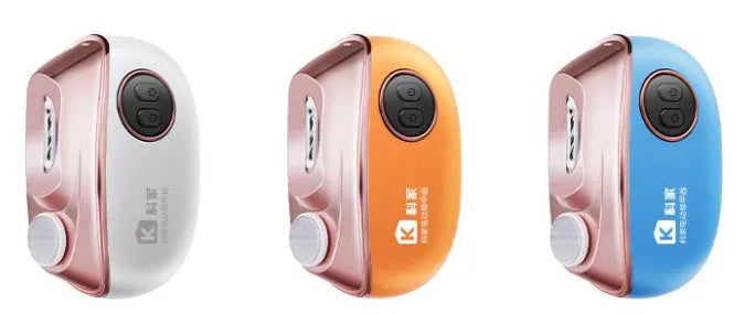Electric nail clipper and polisher two-in-one device in blue, orange and white colours with Type-C charging cable