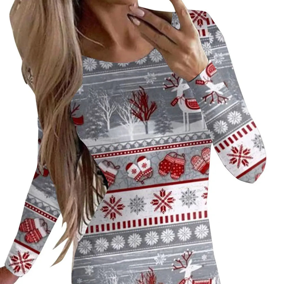 Women's red Christmas dress with animal print, long sleeves, round neck, and a short hip-length skirt.