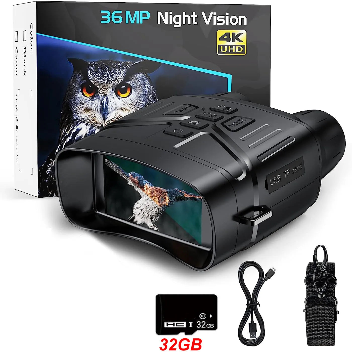 Black 4K night vision instrument with LCD screen showing a night vision image, placed on a textured surface.