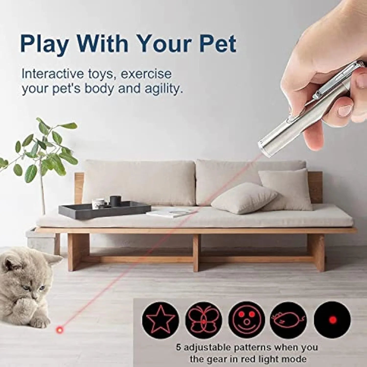 Silver aluminum alloy cat laser pointer toy with multiple light patterns