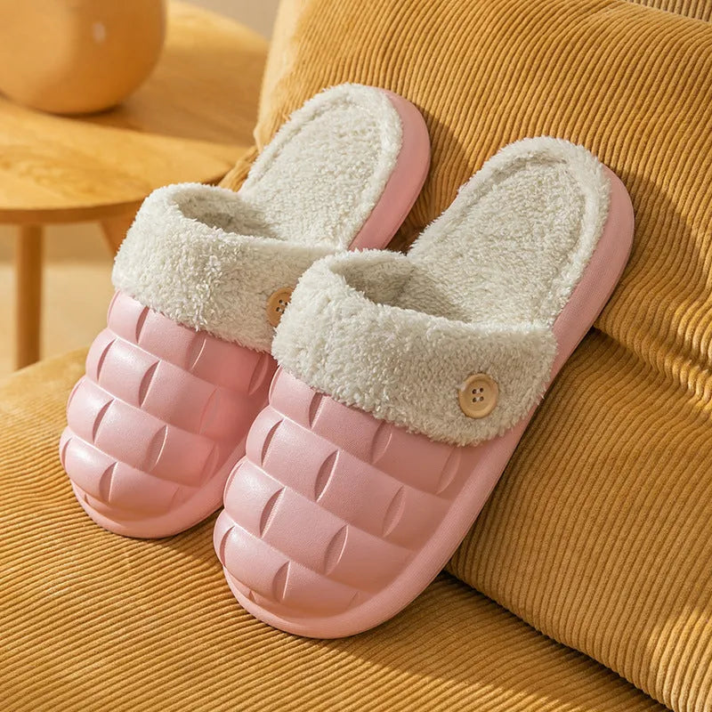 Plaid detachable EVA house slippers with plush lining, shown in multiple colours on a white background.