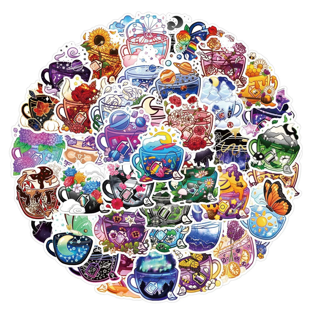 Pack of 50 colourful tea cup design waterproof graffiti stickers for DIY decoration