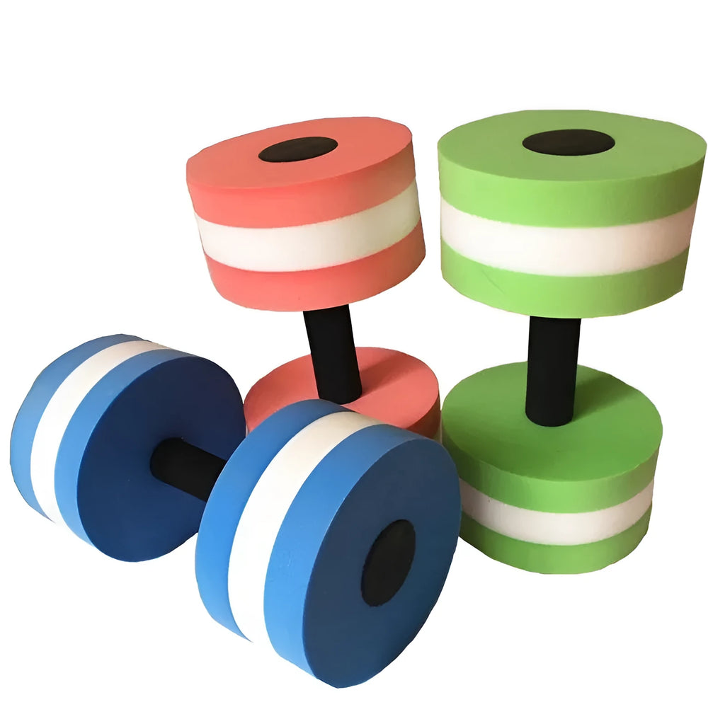 Water sports aerobics dumbbells in blue, pink, and green EVA foam, each 27 cm long