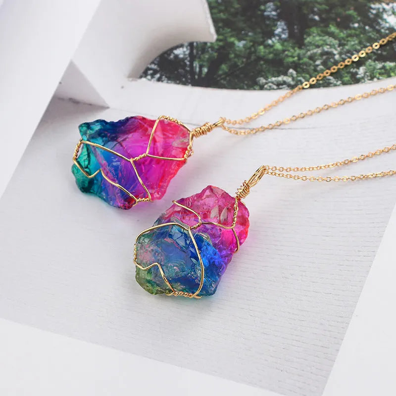 Natural rough-dyed rainbow quartz crystal pendant on alloy chain necklace, blue colour option