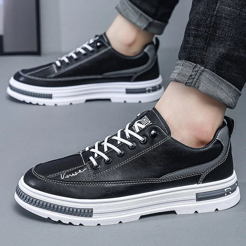 Men's white and black platform sneakers with elastic band closure and artificial PU upper