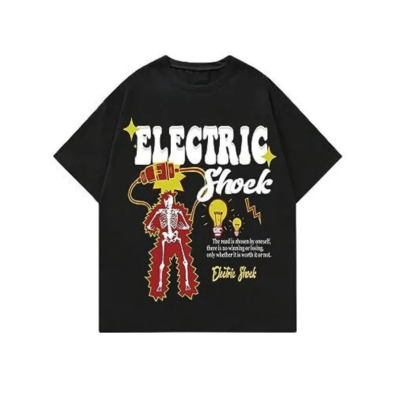 Men's short-sleeved printed streetwear T-shirt on a hanger, showing digital pattern design.