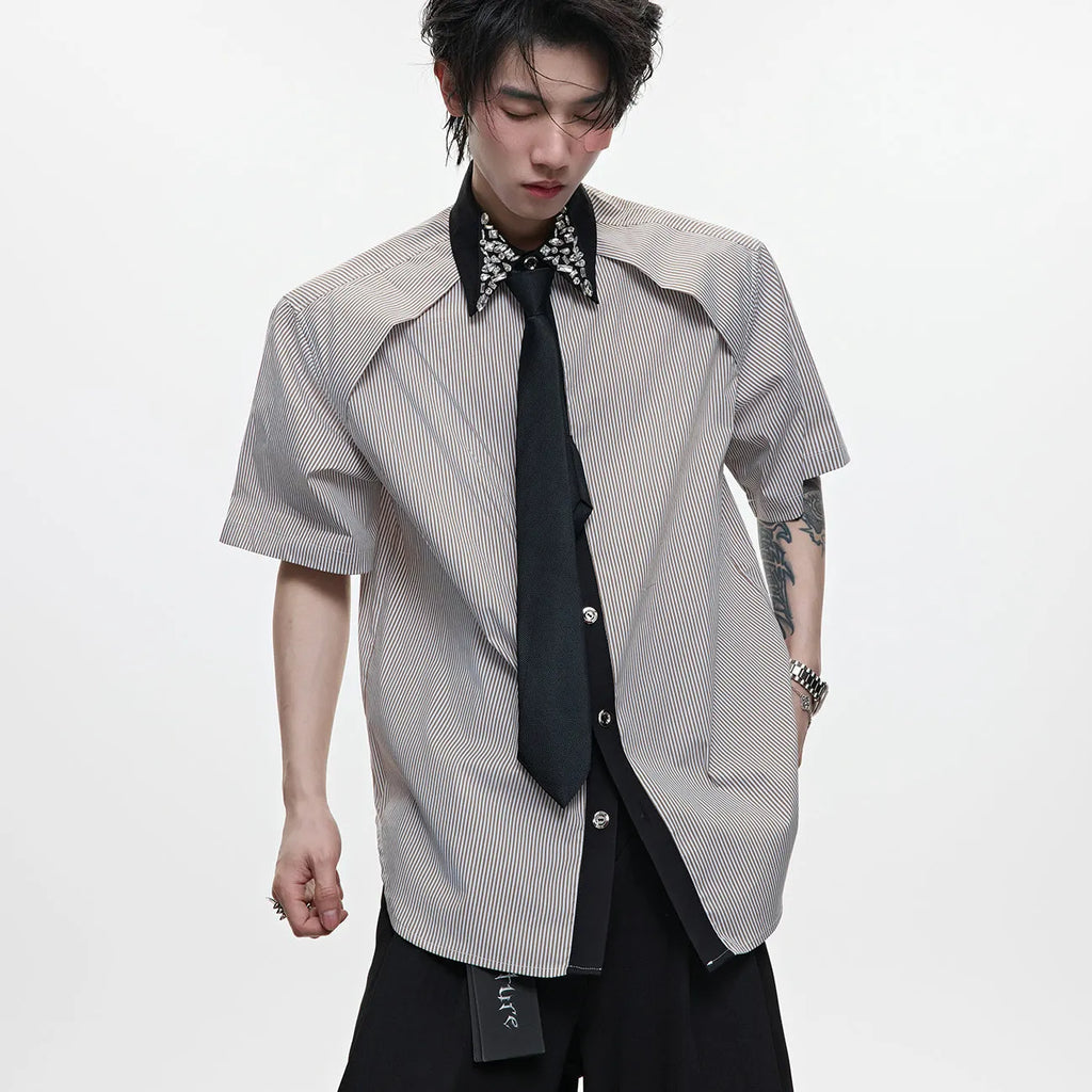 Men's blue and khaki diamond tie dual-colour patchwork striped loose fit shirt with flip collar