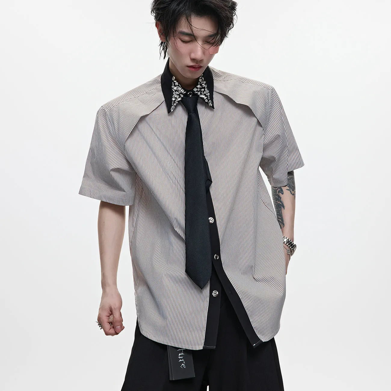Men's blue and khaki diamond tie dual-colour patchwork striped loose fit shirt with flip collar