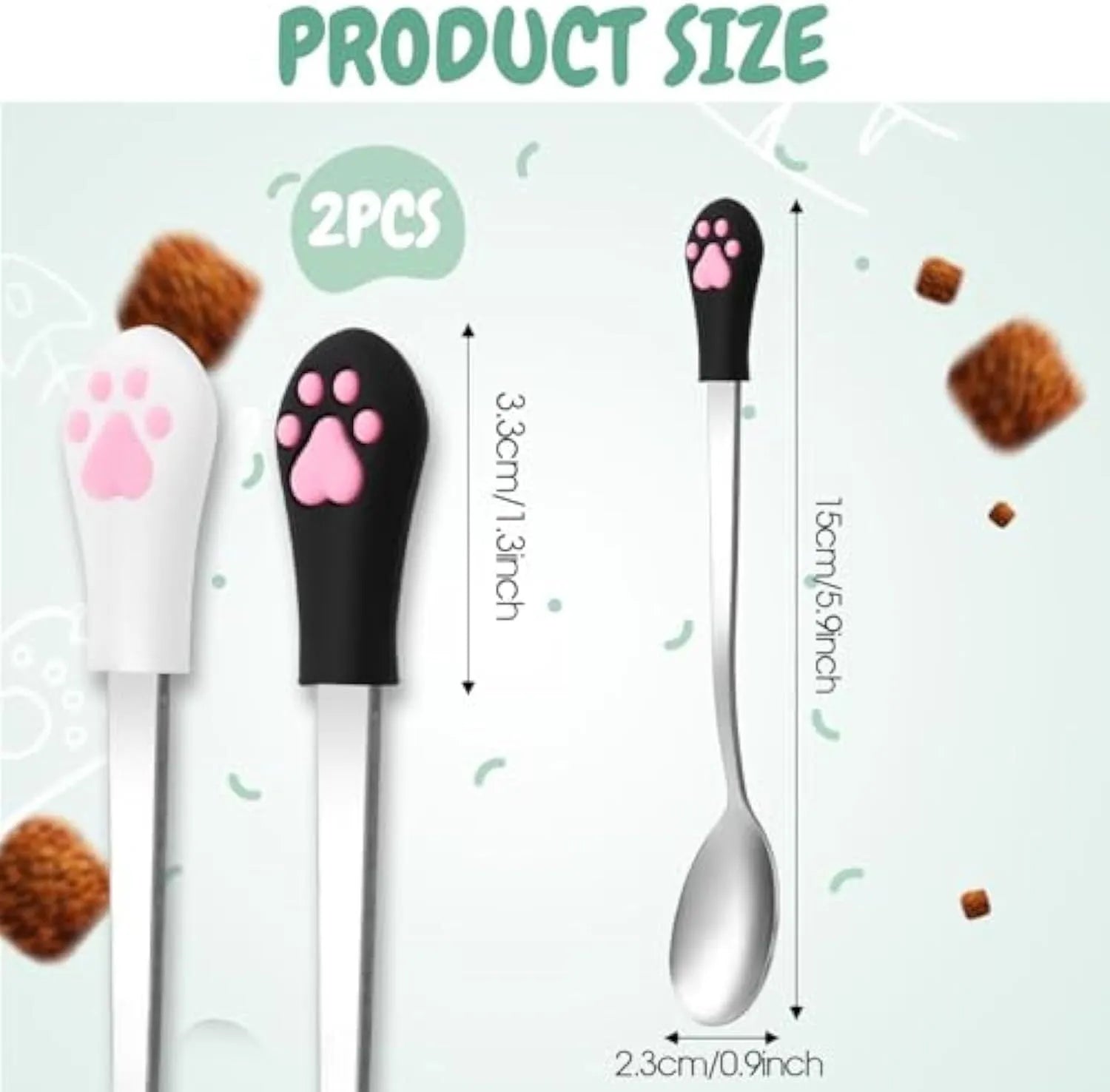 White and black pet food spoons with cat paw design and silicone handles