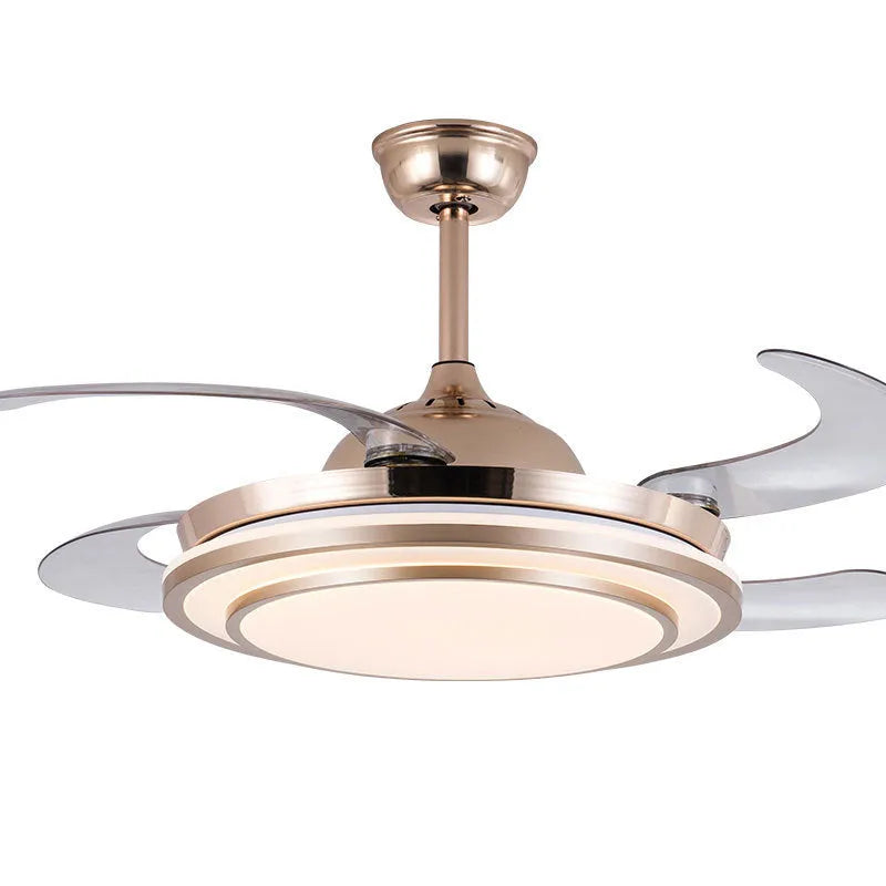 Gold 42 inch full spectrum LED fan chandelier with invisible ABS blades and acrylic shade for living room