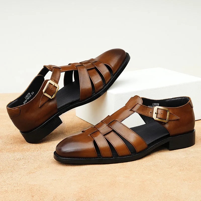 Men's black genuine leather retro sandals with pigskin lining for business casual summer wear