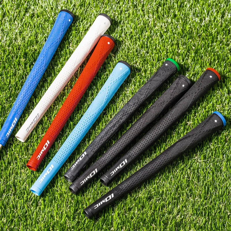 TPE golf club grip shown in a selection of available colours including pink, blue, and black with coloured head.