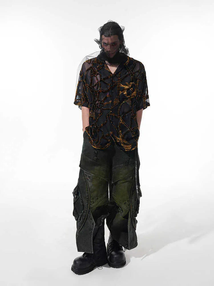 Men's black and grey snake pattern short-sleeve shirt with translucent fabric and lapel collar