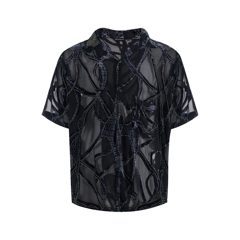 Men's black and grey snake pattern short-sleeve shirt with translucent fabric and lapel collar