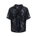 Men's black and grey snake pattern short-sleeve shirt with translucent fabric and lapel collar