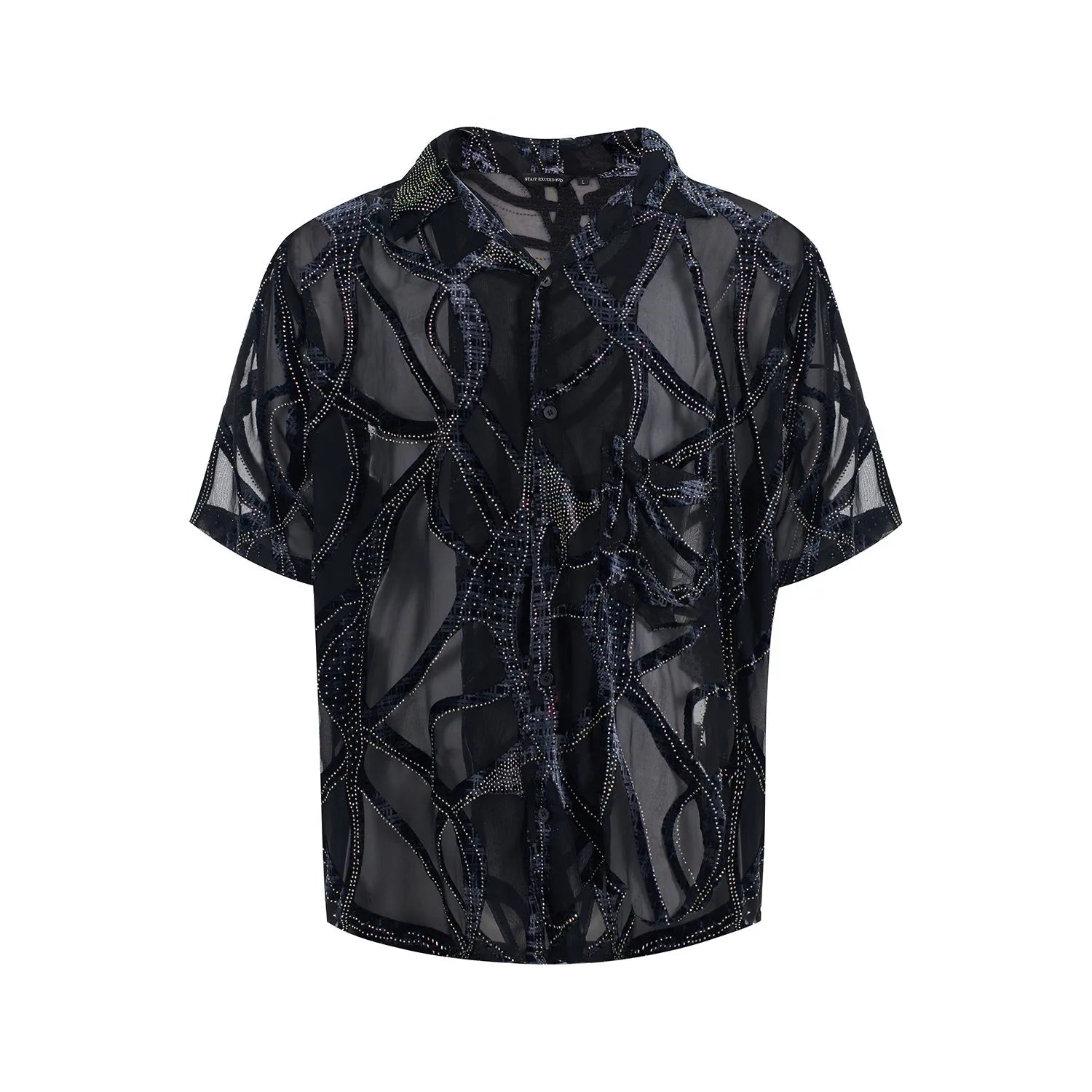 Men's black and grey snake pattern short-sleeve shirt with translucent fabric and lapel collar