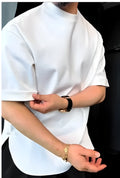 Men's white buttoned neck t-shirt with a round hem, shown in a regular fit.